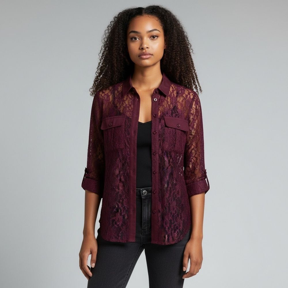 NWT mandee Solid Red Burgundy Lace Button-Up Blouse with pockets Half Sleeve L
